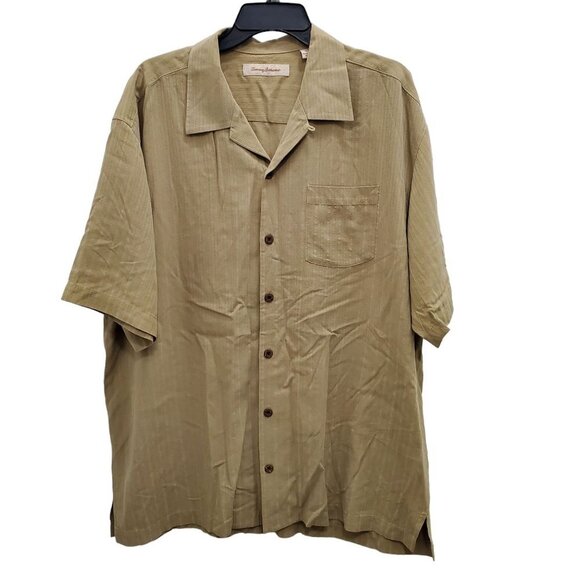 Tommy Bahama Men's Dark Khaki Textured Silk Coconut Shell Button‎ Camp Shirt XL - Picture 1 of 7